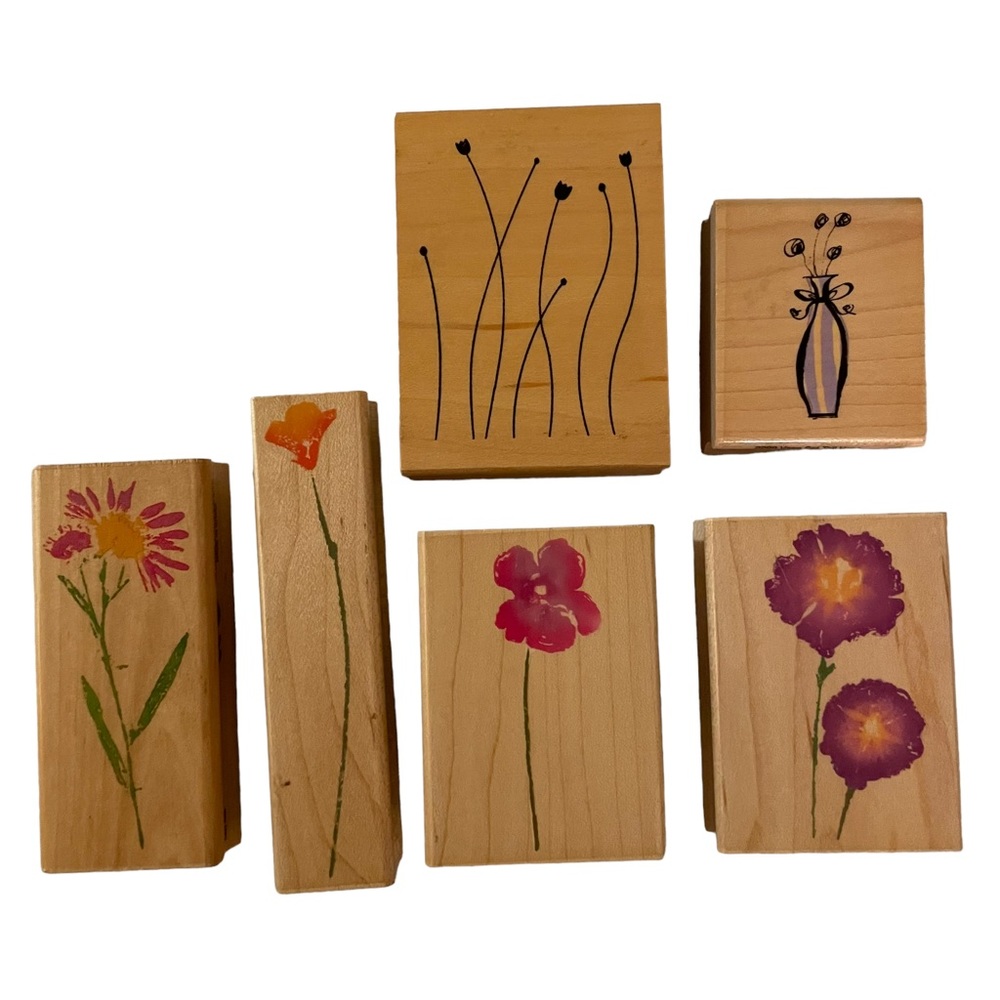 Flowers Stylish Real Impressions 6 Wood Block Rubber Stamps Medium Mixed Lot